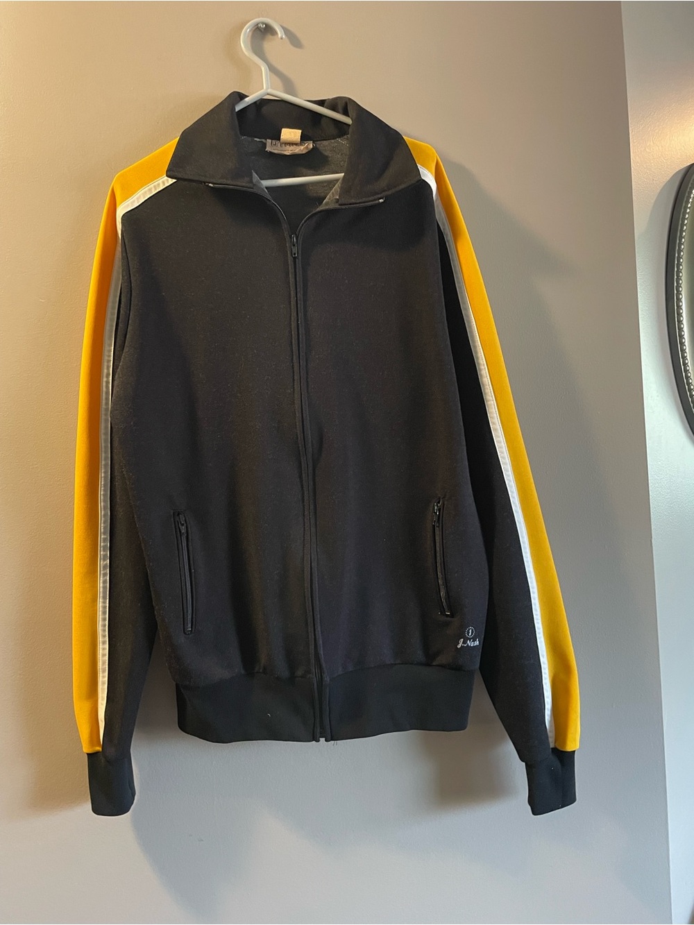 80s J NASH sports wear Black Track Jacket with Yellow & White Racing Stripes